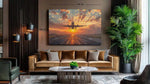 Canvas schilderij van een vliegtuig bij zonsondergang