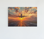 Canvas schilderij van een vliegtuig bij zonsondergang