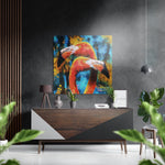 Twee geschilderde teal flamingo's – Dibond Schilderij