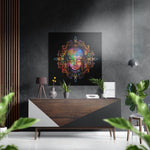 Neonmandala met Boeddhahoofd op zwart – Dibond Schilderij