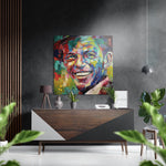 Portret van lachende zanger in paletmesstijl – Dibond Schilderij