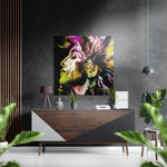 Geel-magenta penseelstreekportret – Dibond Schilderij