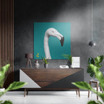 Witte flamingo tegen een teal achtergrond – Dibond Schilderij