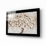 Levensboom met Witte Bloesems op een Stenen Muur – Glasschilderij