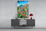 Vibrant Hillside Houses Glass Wall Art