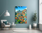 Vibrant Hillside Houses Glass Wall Art