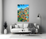 Vibrant Hillside Houses Glass Wall Art