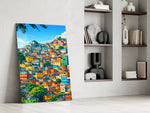Vibrant Hillside Houses Glass Wall Art