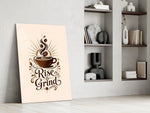 Steaming Coffee Cup Sunburst Typography Glass Wall Art