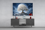 White Blossom Tree Full Moon Glass Wall Art