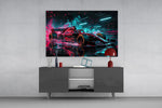 Red Racer Cyan Light Streaks Glass Wall Art