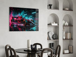 Red Racer Cyan Light Streaks Glass Wall Art