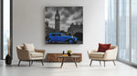 Blauwe Oldtimer bij de Big Ben – Vierkant Canvas Kunst voor de Muur