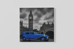 Blauwe Oldtimer bij de Big Ben – Vierkant Canvas Kunst voor de Muur