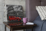 Rode Oldtimer bij het Colosseum – Canvas Wandkunst in Vierkante Uitvoering