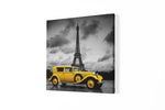 Gele Auto Eiffeltoren – Vierkant Canvas Schilderij voor de Wand