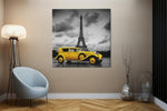 Gele Auto Eiffeltoren – Vierkant Canvas Schilderij voor de Wand