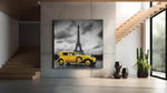 Gele Auto Eiffeltoren – Vierkant Canvas Schilderij voor de Wand