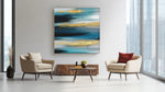 Abstracte Kunst in Blauw en Goud – Ontwerp 2 – Vierkant Canvas Kunstwerk voor het Interieur