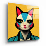 Vierkant Glasschilderij Retro kat in Teal Dotted Jacket Glasschilderij