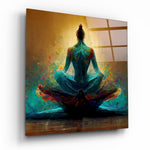 Turquoise Lotusmeditatie op Goud – Vierkant Glasschilderij