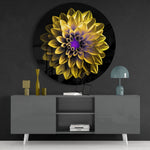 Gele dahlia met paars hart – Rond Glasschilderij
