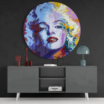 Blauwpaarse blonde vrouw in cirkel – Rond Glasschilderij