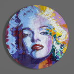 Blauwpaarse blonde vrouw in cirkel – Rond Glasschilderij