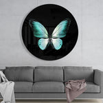 Turquoise vlinder op zwart – Rond Glasschilderij