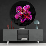 Magenta abstracte bloei – Rond Glasschilderij