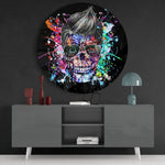 Popart-schedel met pompadour – Rond Glasschilderij