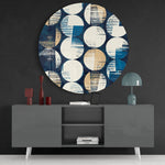 Collage van verweerde blauwe stippen – Rond Glasschilderij