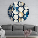 Collage van verweerde blauwe stippen – Rond Glasschilderij