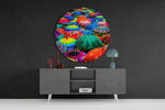 Regenboogparaplu's met stippen – Rond Glasschilderij