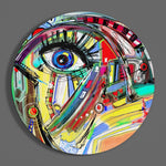 Abstract gezicht met krabbel-oog – Rond Glasschilderij