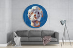 Blauw standbeeldhoofd met perzikkleurige stippen – Rond Glasschilderij