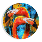 Twee oranje flamingo's op blauw – Rond Glasschilderij