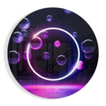 Witte neoncirkel met violette bellen – Rond Glasschilderij