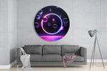 Witte neoncirkel met violette bellen – Rond Glasschilderij
