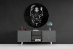 Reflecterende schedel van zwart obsidiaan – Rond Glasschilderij