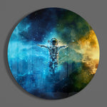 Astronaut in petrolblauwe en gouden kosmos – Rond Glasschilderij
