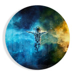 Astronaut in petrolblauwe en gouden kosmos – Rond Glasschilderij