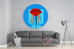 Popart-gezicht met rode lippen en blauw – Rond Glasschilderij