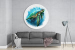 Zeeschildpad in blauwe inkt – Rond Glasschilderij