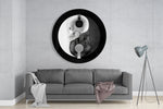 Monochrome schedel met koptelefoon – Rond Glasschilderij