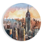 New York-skyline bij zonsondergang in aquarelstijl – Rond Glasschilderij