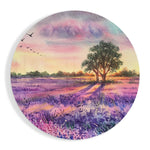 Lavendelkleurige bloemenweide met vliegende vogels in aquarelstijl – Rond Glasschilderij