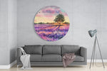 Lavendelkleurige bloemenweide met vliegende vogels in aquarelstijl – Rond Glasschilderij