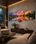Fiery Sunset Lake Mirror Reflection 3 Piece Glass Wall Art