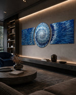 Blue Silver Exploding Starburst Shards 3 Piece Glass Wall Art